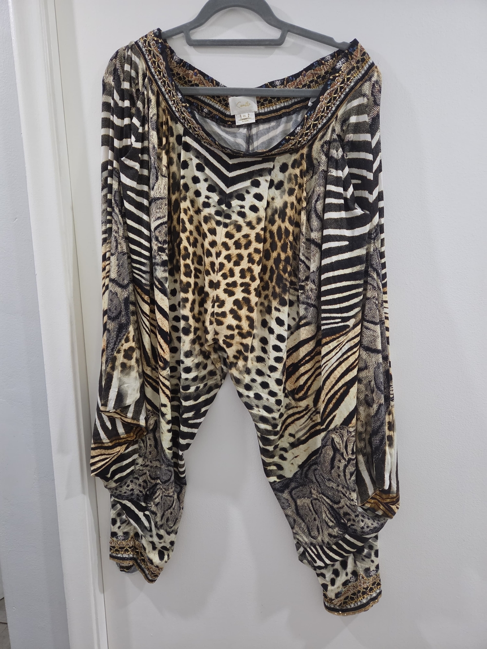 Camilla Mixed Animal-Print Harem Track Pants - Black, Tan & Cream